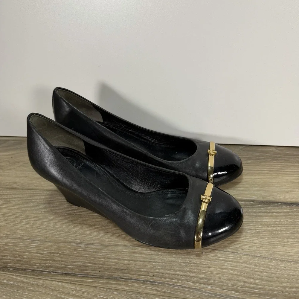 Tory Burch Pacey Women's Black Leather Cap Toe Wedge Pumps Size 9M